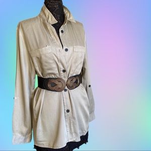 Beige Long Sleeve Button Down Shirt Pockets